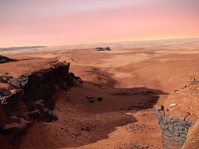 Jezero crater on planet Mars, Martian landscape with dry river bed (3d science rendering)