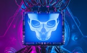 Artificial intelligence monitor head skull - 3D illustration of science fiction robot with glowing c...