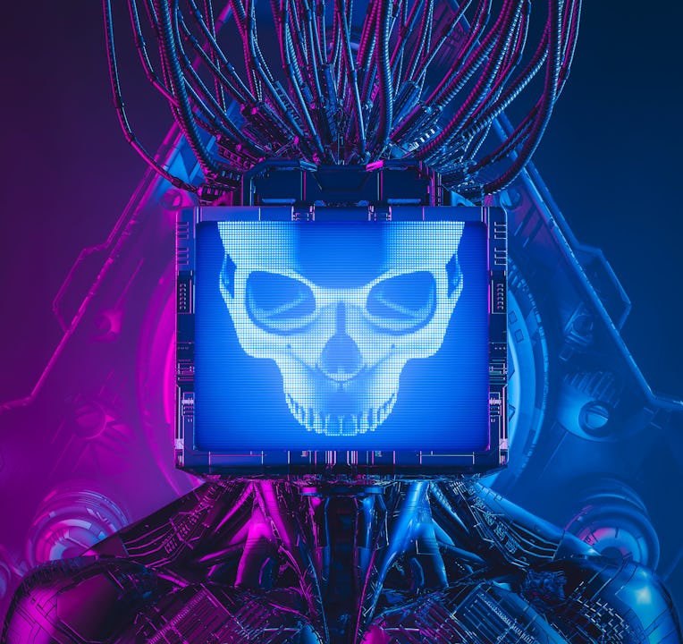 Artificial intelligence monitor head skull - 3D illustration of science fiction robot with glowing c...