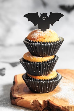 Halloween cupcakes in black capsules decorated with cardboard bats.