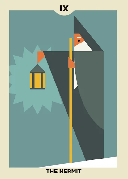 The Hermit Tarot Card depicted as an elderly figure holding a lantern on a mountain, symbolizing solitude and inner wisdom.