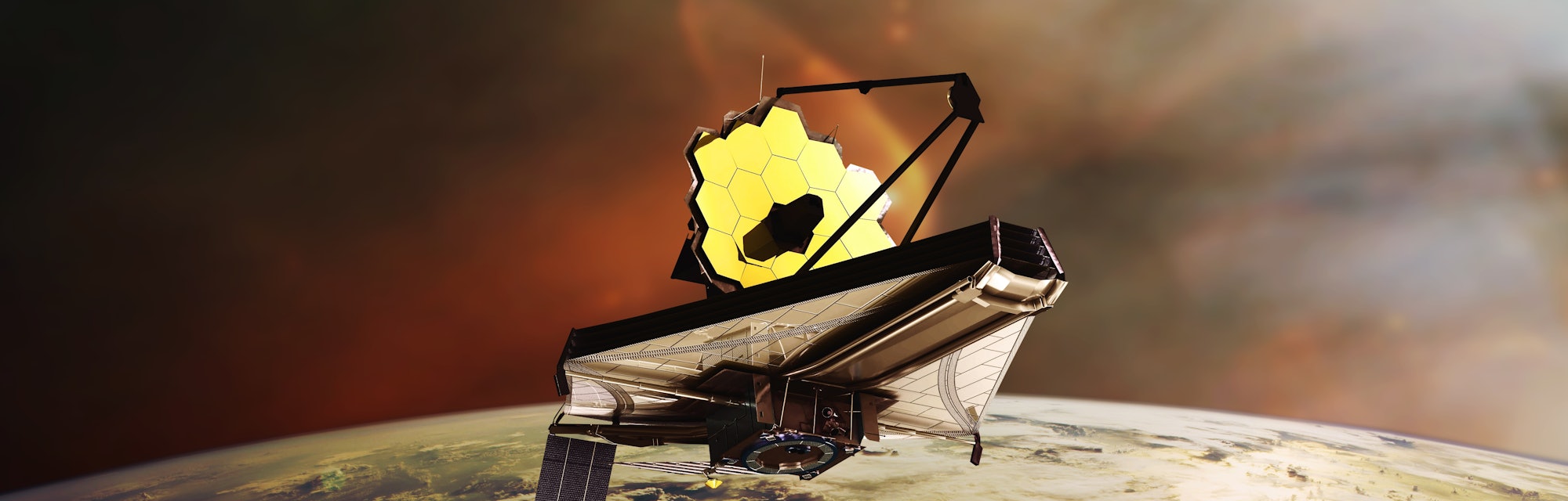The James Webb telescope on low-orbit of Earth planet. JWST launch art. Elements of this image furni...