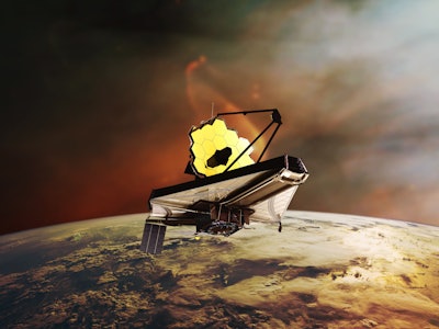 The James Webb telescope on low-orbit of Earth planet. JWST launch art. Elements of this image furni...