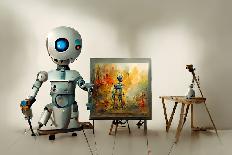 cute and friendly robot artist in the studio next to his easel, painting and paints while working - ...