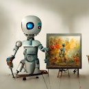 cute and friendly robot artist in the studio next to his easel, painting and paints while working - ...