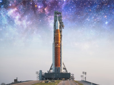 Spaceship on launch pad. Mission to Moon. Return to Moon. SLS space rocket. Orion spacecraft. Artemi...