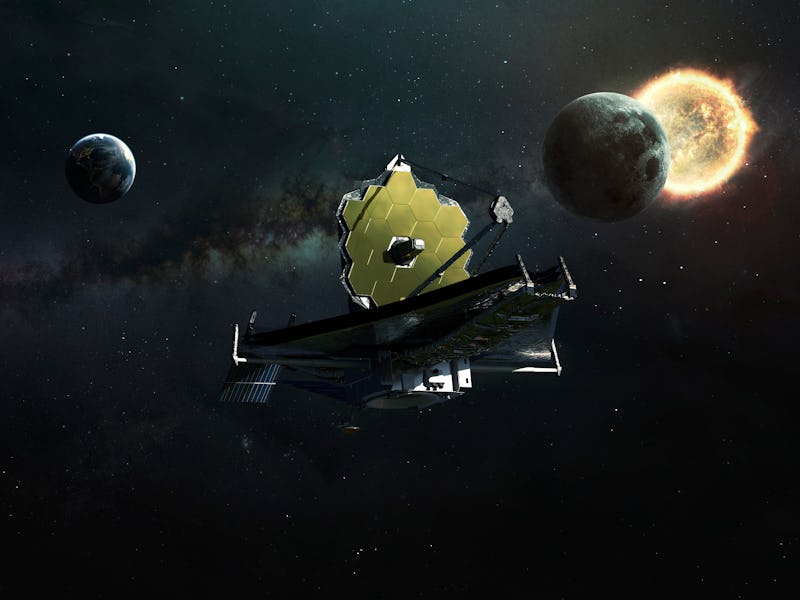 James Webb telescope explores deep space. JWST launch art. Elements of image provided by Nasa