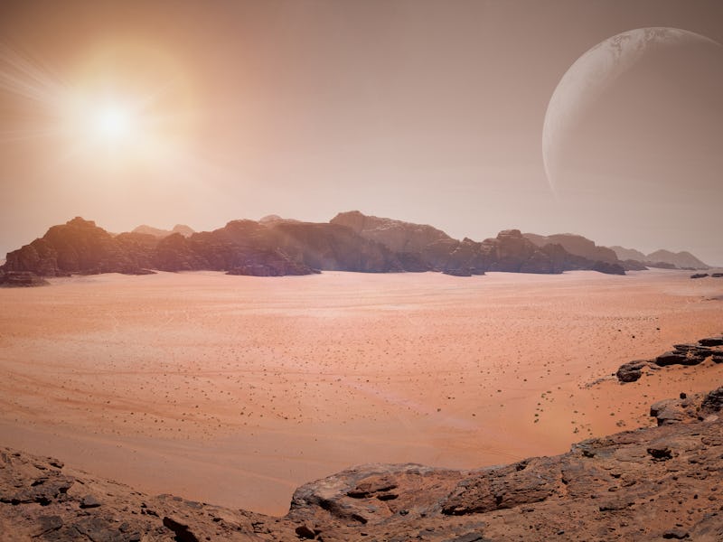 Landscape of an exoplanet with a sun and planets in the sky. Orange atmosphere.