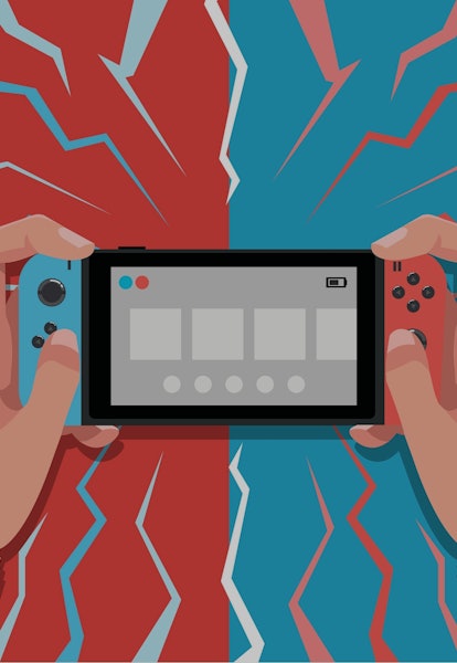 close up hands hold Nintendo Switch Controller playing game with red and blue background vector illu...