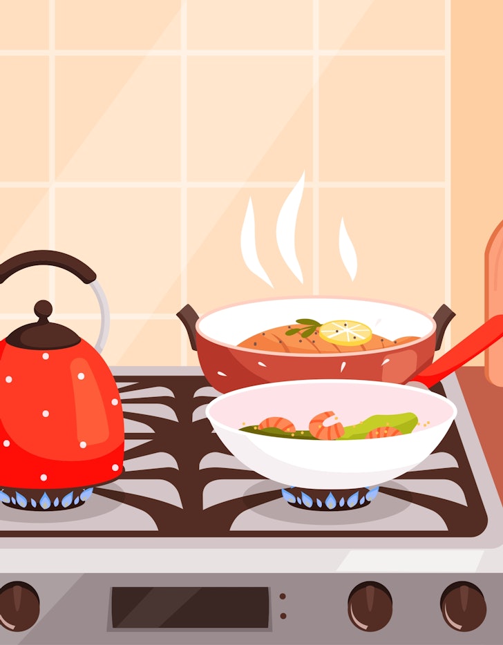 廚房烹飪。在燃氣爐上沸騰的鍋中煮沸，從準備食物美味的菜餚中煮沸。