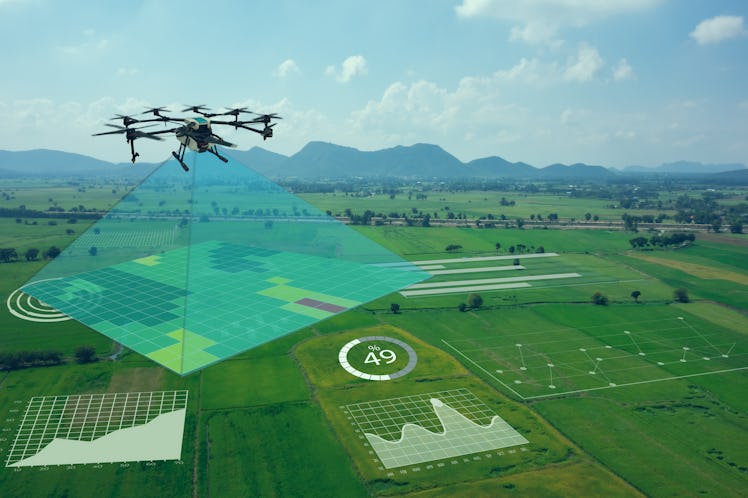 Smart farm, precision farming concept. Use drone for various fields like research analysis, terrain ...