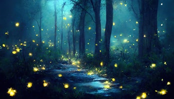 Beautiful scenery. Fireflies, night forest landscape. Tall trees, grass, yellow lights. Digital pain...