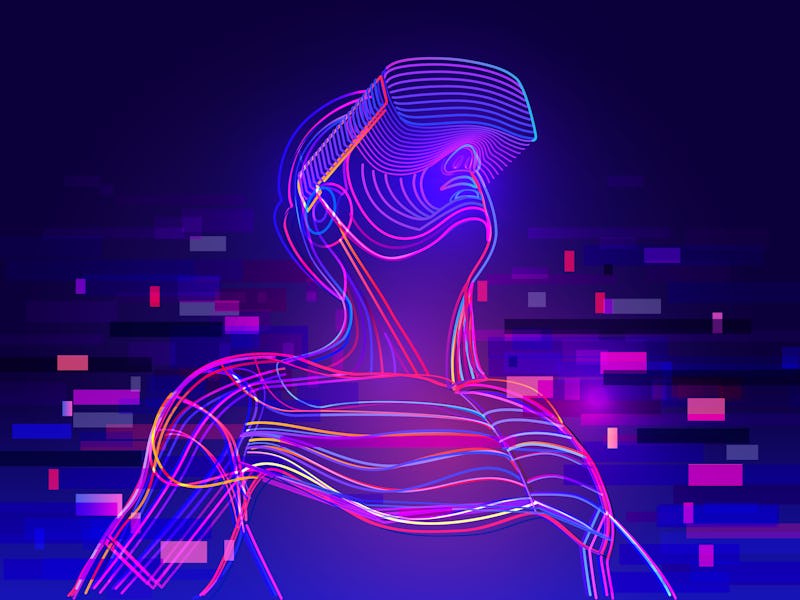 Digital glitch effect in abstract virtual reality. Enthusiastic man wearing vr headset. Vector illus...