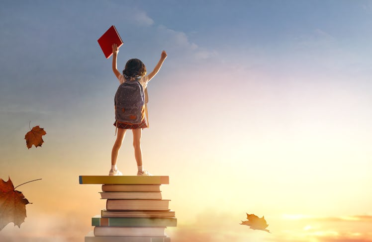 Back to school! Happy cute industrious child standing on the tower of books on background of sunset ...