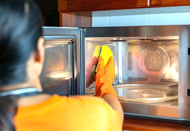 Close up housemaid cleaning microwave oven inside with sponge in the kitchen.