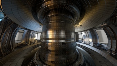 Fusion reactor Tokamak. Reaction chamber. Fusion power. 3D illustration. Thermonuclear torus fusion ...