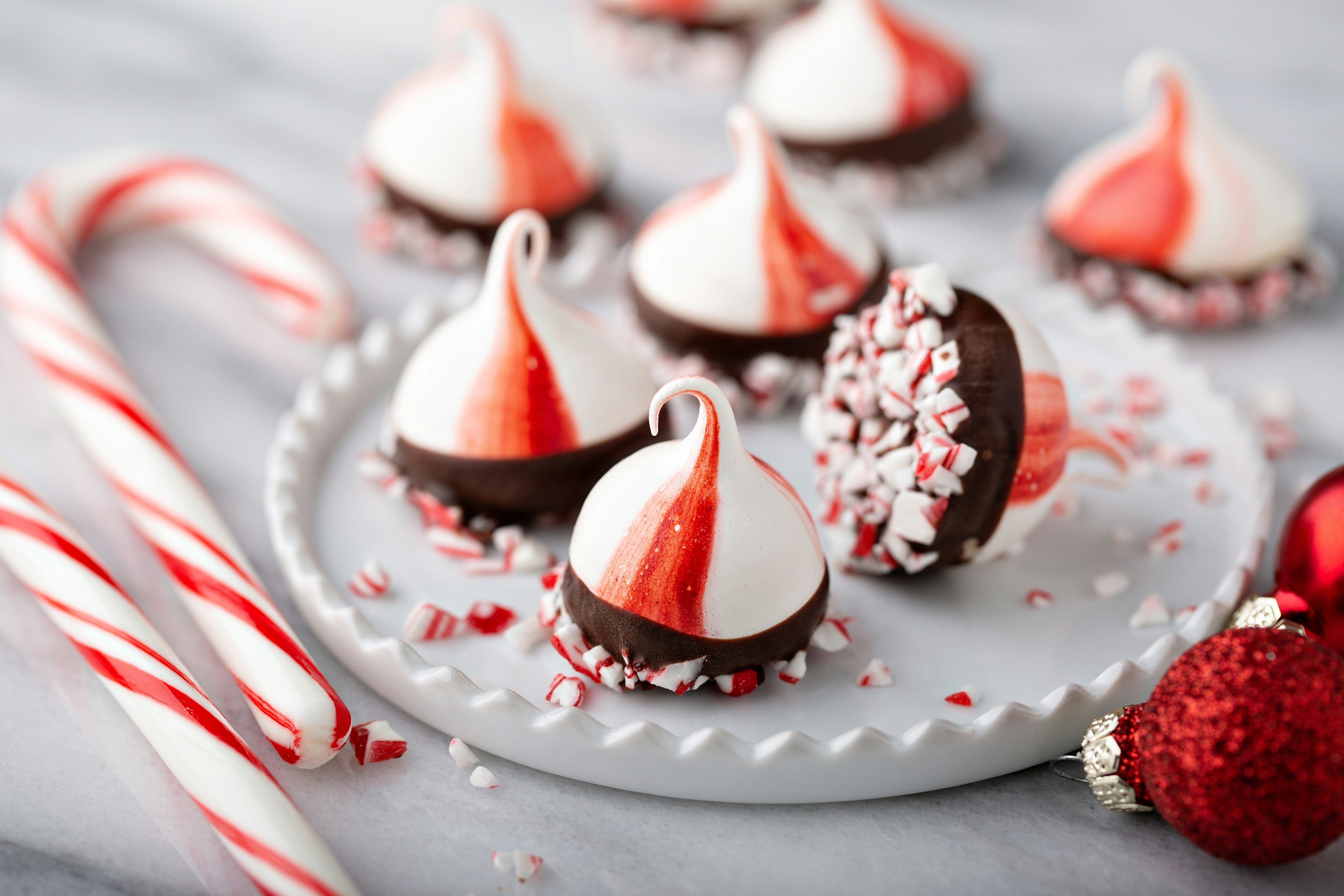 Peppermint meringues dipped in chocolate, Christmas treat or edible gift idea