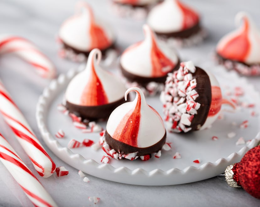 Peppermint meringues dipped in chocolate, Christmas treat or edible gift idea