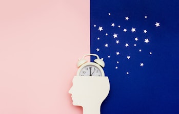 Silhouette of human and alarm clock on pink and blue backgrounds decorated with silver confetti. Hum...