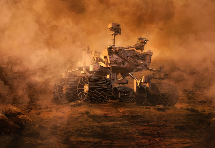 Mars rover exploring surface of Mars during mars dust sandy storm. Image of automated robotic space ...