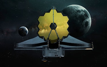 James Webb telescope on the background of the planet Earth and Moon. JWST launch art. Elements of im...