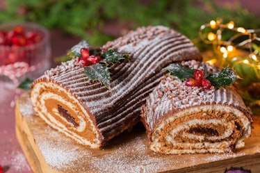A Yule log cake is one of the best winter solstice foods.