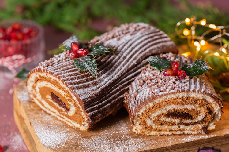 A Yule log cake is one of the best winter solstice foods.