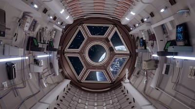 High quality 8k SciFi Spaceship Corridor 3d rendering, shuttle interior based on the cupola space st...