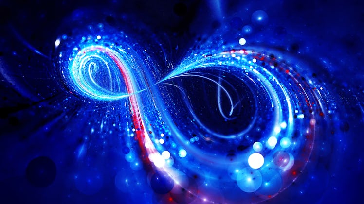 Blue glowing infinity loop in space with bokeh, computer generated abstract background, 3D rendering