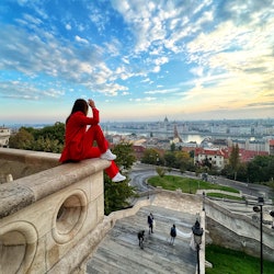 Budapest.  Fishermen's bastion.  The most popular place in Budapest for photos.  Tourist.  View of t...