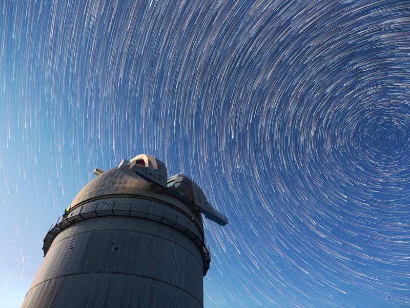 Astronomical observatory under the night sky stars. Blue sky with hundreds of stars of the Milky way...