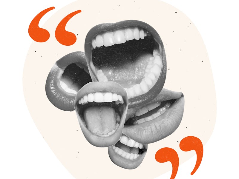 Creative design. Contemporary art collage. Many female mouths talkig, shouting symbolzing communicat...