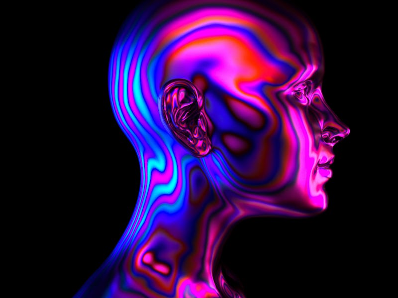 Robot or Artificial Human made of black iridescent material in neon lights. 3d rendering illustratio...