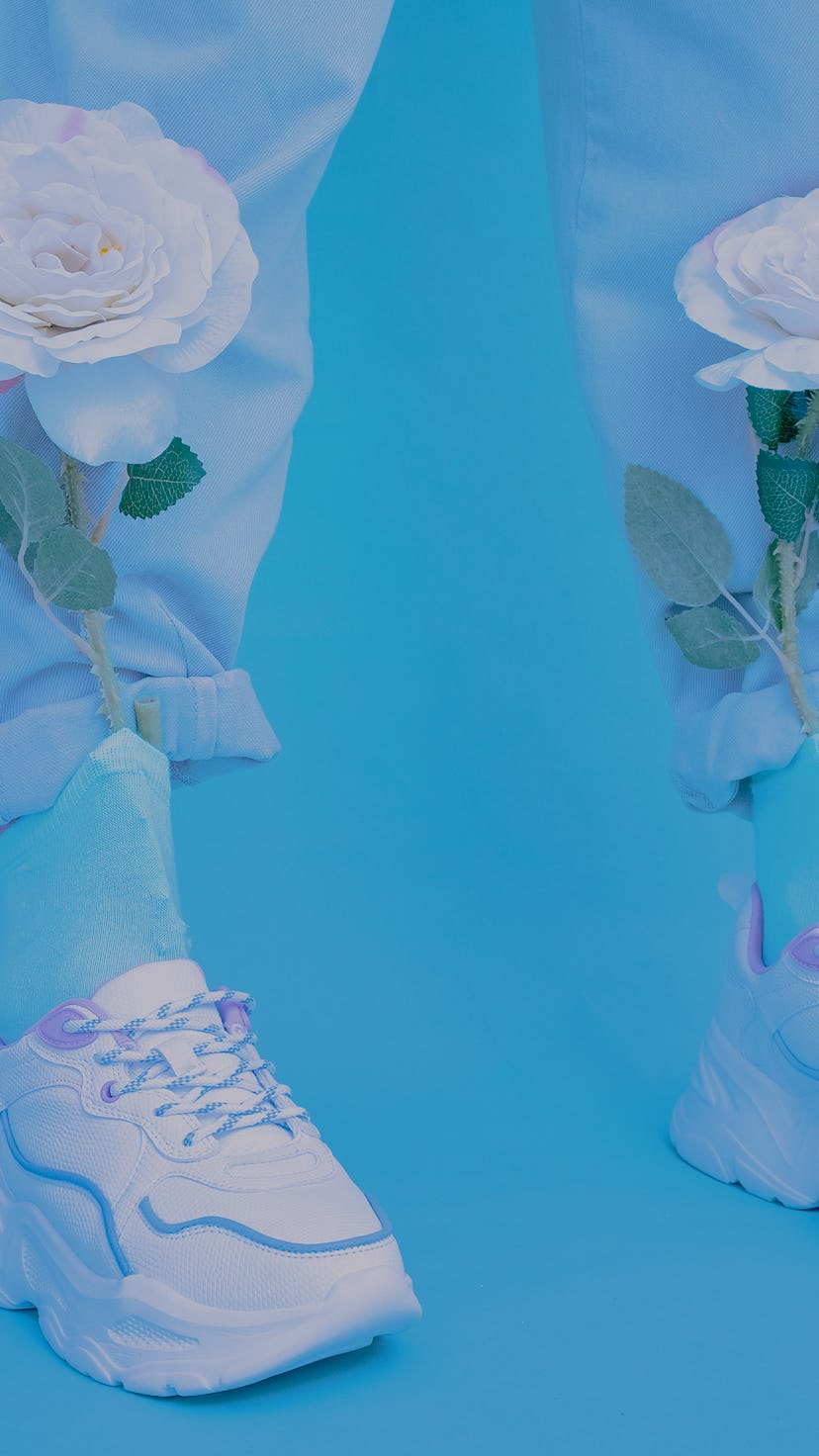 Fashion Sneakers and flowers. Blue aesthetic monochrome design trends