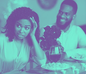 Bad First Impression And Blind Date Concept. Dissatisfied shocked black woman rejecting excited emot...