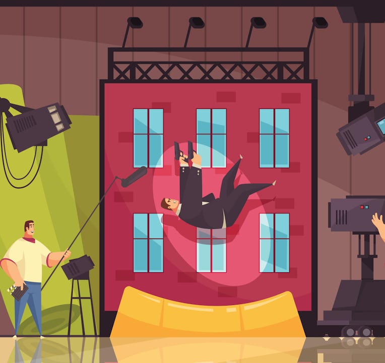 Cinema motion movie filming process cartoon composition with shooting stunt performer falling from b...
