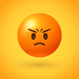 Angry emoji with red face, frowning mouth, eyes and eyebrows scrunched in anger with furrow lines o...