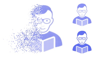 Reader student icon with face in sparkle, dotted halftone and undamaged whole versions. Pieces are a...