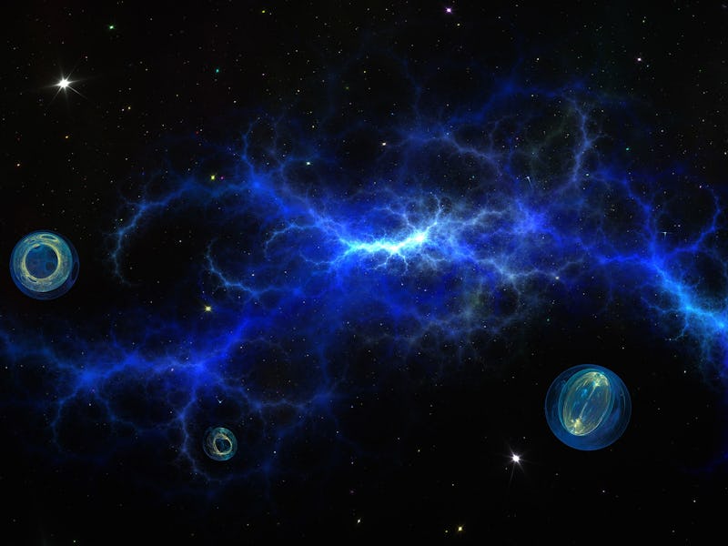 Fractal picture of blue energy discharge on nebula space background. Quantum physics. Photon, atom, ...