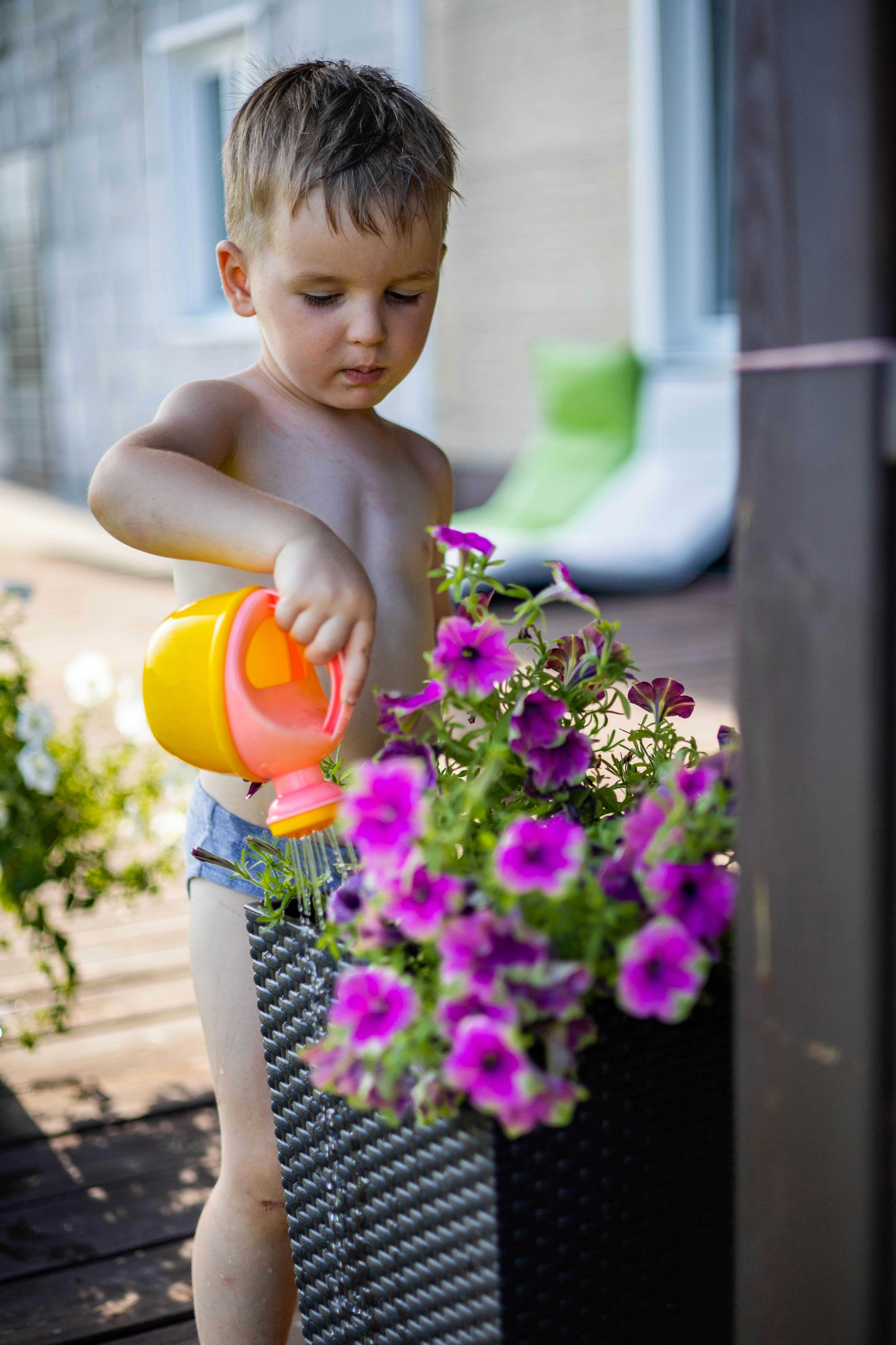 The kid takes care of flowers and plants on the terrace of his own home. Watering carrots, dill and ...