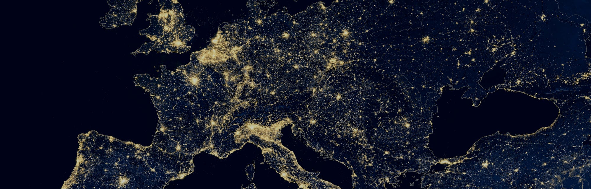 Europe map in global satellite photo, view of city lights on night Earth from space. EU and Mediterr...
