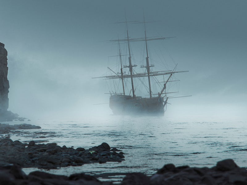weird figure standing near the ocean on a sandstone beach looking at a ghost ship approaching the co...