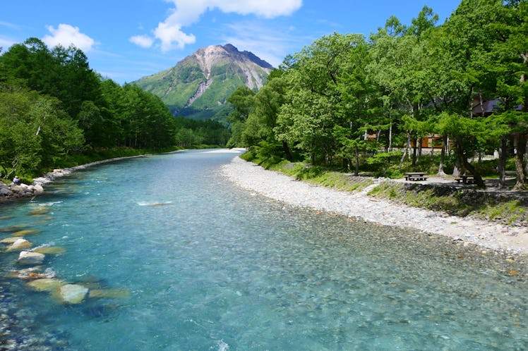 Chubu-Sangaku National Park in early summer.This place is Kamikochi,with River Azusa-gawa and Mt.Yak...