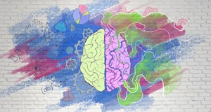 Brain function concept with handwriting sketch of right and left brain hemispheres, science symbols ...