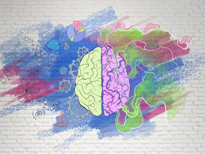 Brain function concept with handwriting sketch of right and left brain hemispheres, science symbols ...