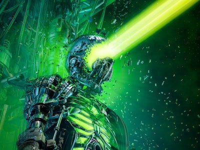Extreme transmission overload / 3D illustration of futuristic metallic science fiction cyborg shooti...
