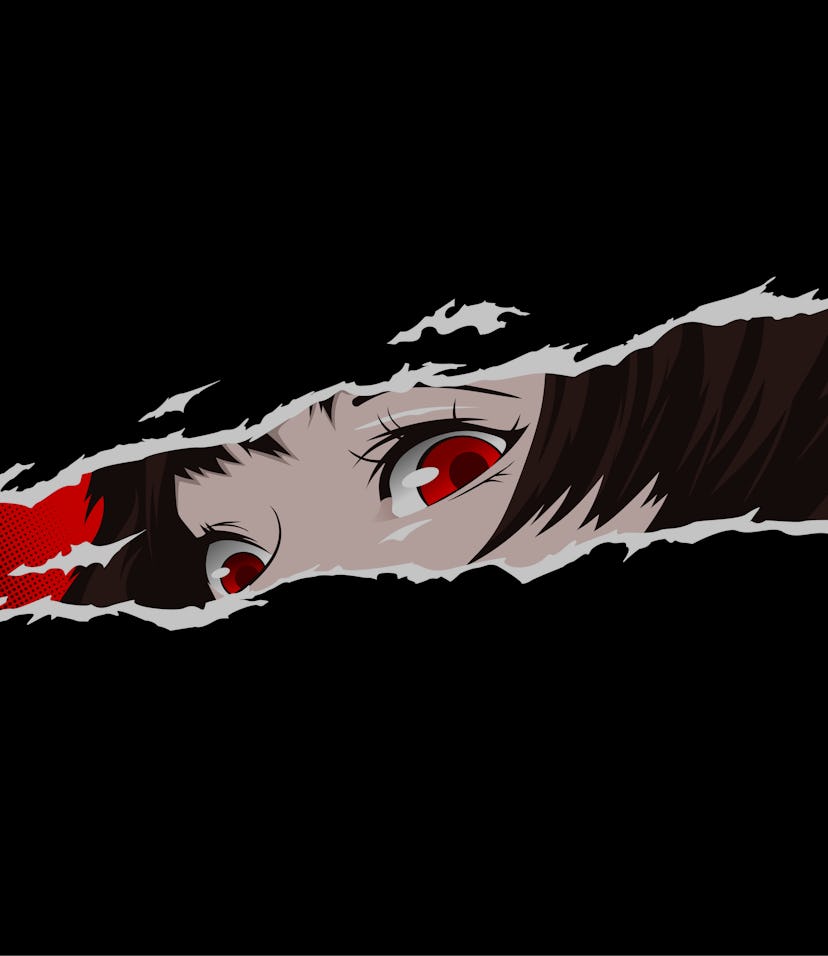 Manga girl eyes looking from a paper tear. vector illustration