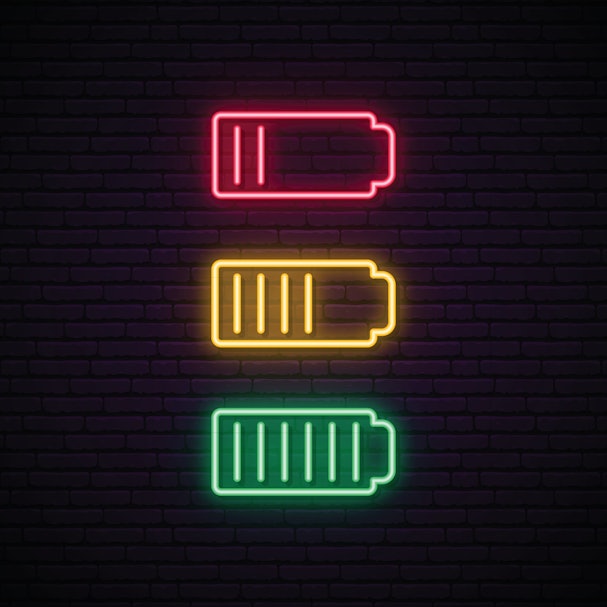 Set of battery neon icon. Charger glowing sign. Vector symbol of low and full battery.