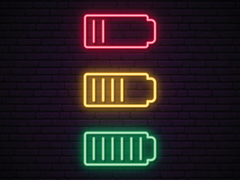 Set of battery neon icon. Charger glowing sign. Vector symbol of low and full battery.