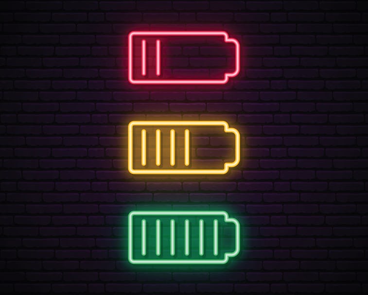 Set of battery neon icon. Charger glowing sign. Vector symbol of low and full battery.